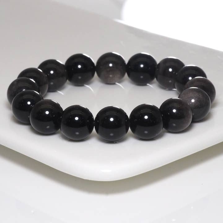 Genuine Silver Obsidian Round Smooth Stretchy Bracelet, 8mm/10mm/12mm, Sku#EF300 for wholesale by BestBeads&Beyond
