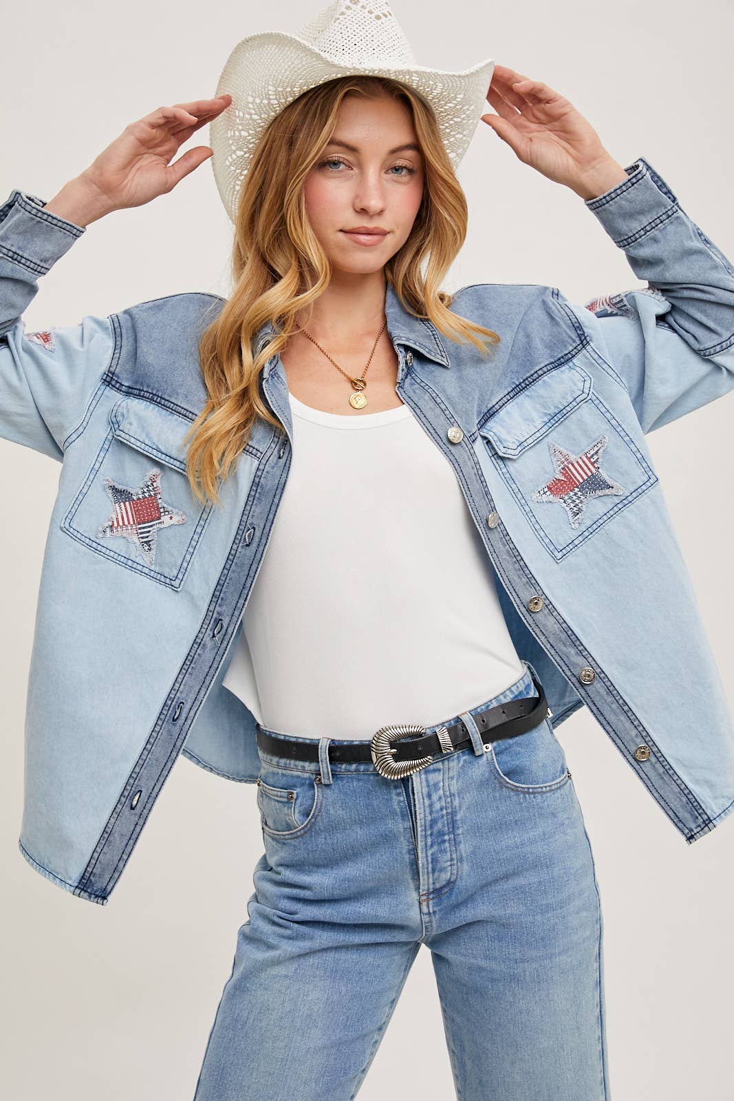 DENIM CAMICIA GIACCA PATCHWORK CON STELLA IN DENIM WESTERN - 4 LUGLIO in vendita all'ingrosso su Faire3