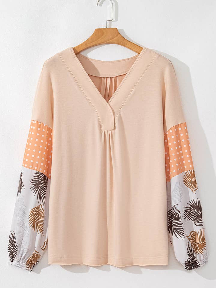 Jet Stream Palm Leaves Polka Dot Puff Sleeve Patchwork V Neck Loose Blouse for wholesale on Faire