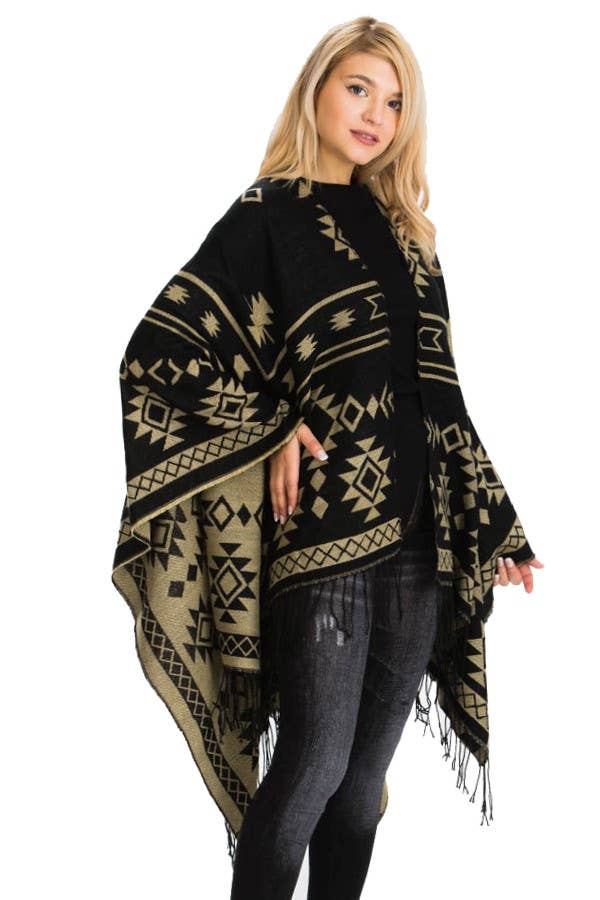 Cap Zone – Poncho - Mulher por atacado – Poncho ocidental reversível com padrão geométrico asteca0