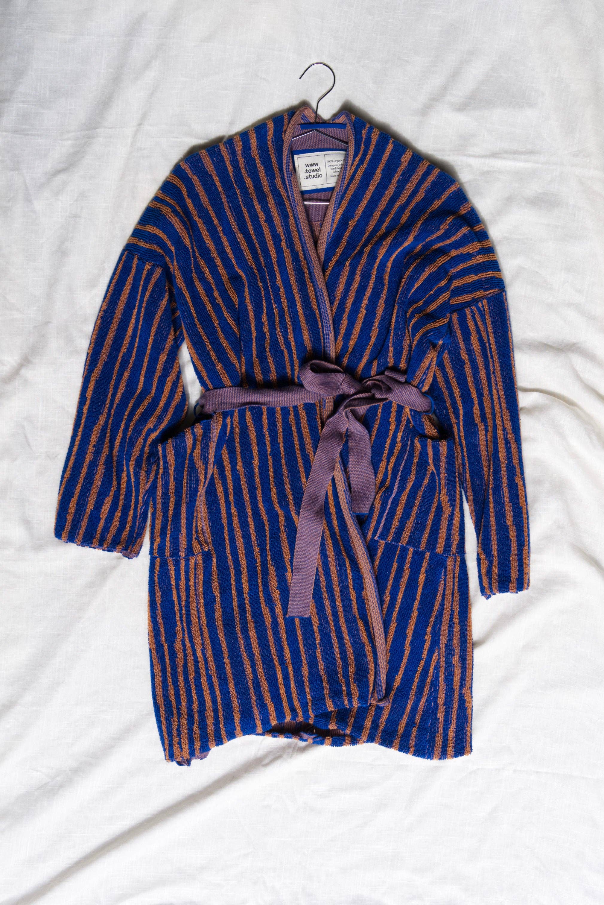 towel.studio - Wholesale Robe - Unisex - Stripe Bathrobe | Azure & Chestnut1