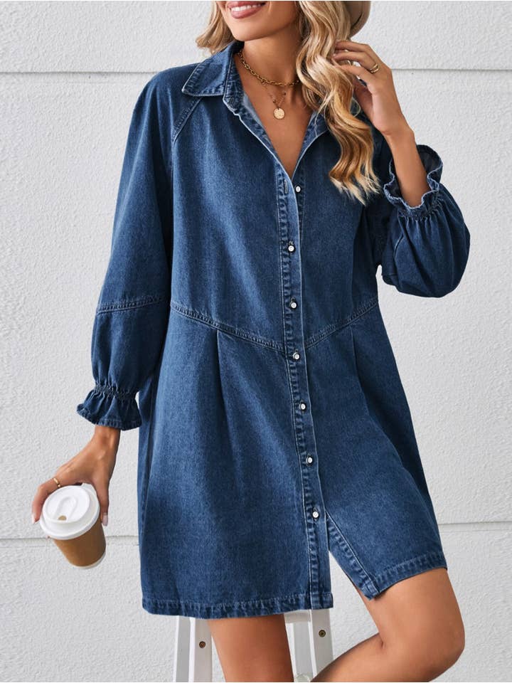 HIDDENBRAND - Wholesale Dress - Women's - Loose-Fitting Long-Sleeved Panelled Denim Dress7
