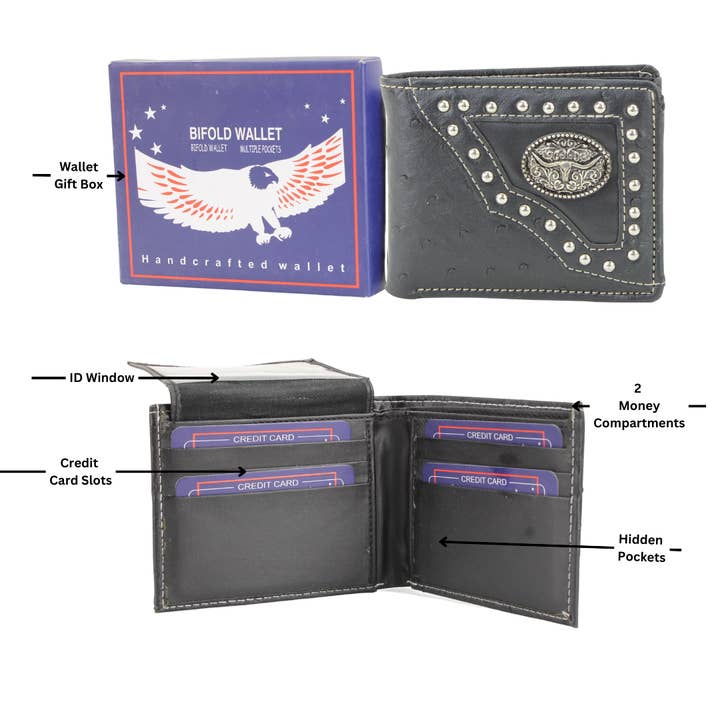 Leather Impressions Inc - Wholesale Wallet – Women's - American Bison Vegan Leather Concho Bifold w Steer Medallion2