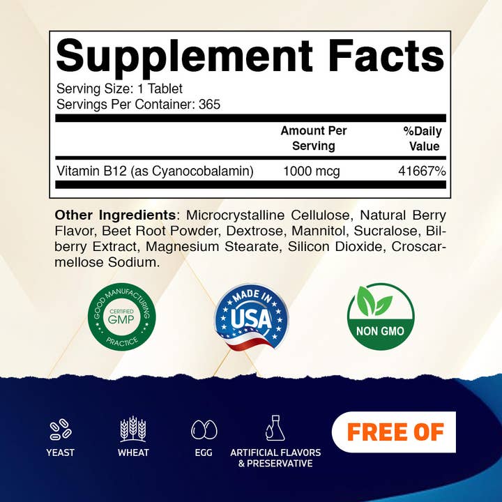 Vitamatic - Vendita all'ingrosso Vitamine/integratori orali - Vitamatic Vitamina B12 1000 mcg compresse a rapido scioglimento, 365 pezzi1