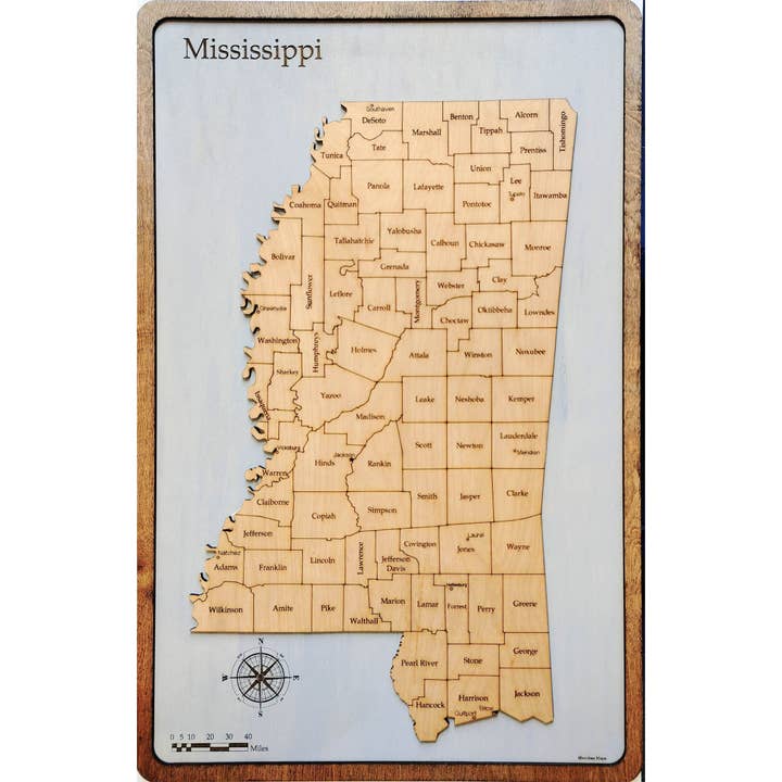 Mappa in legno delle contee del Mississippi per la vendita all'ingrosso da parte di Meridian Maps
