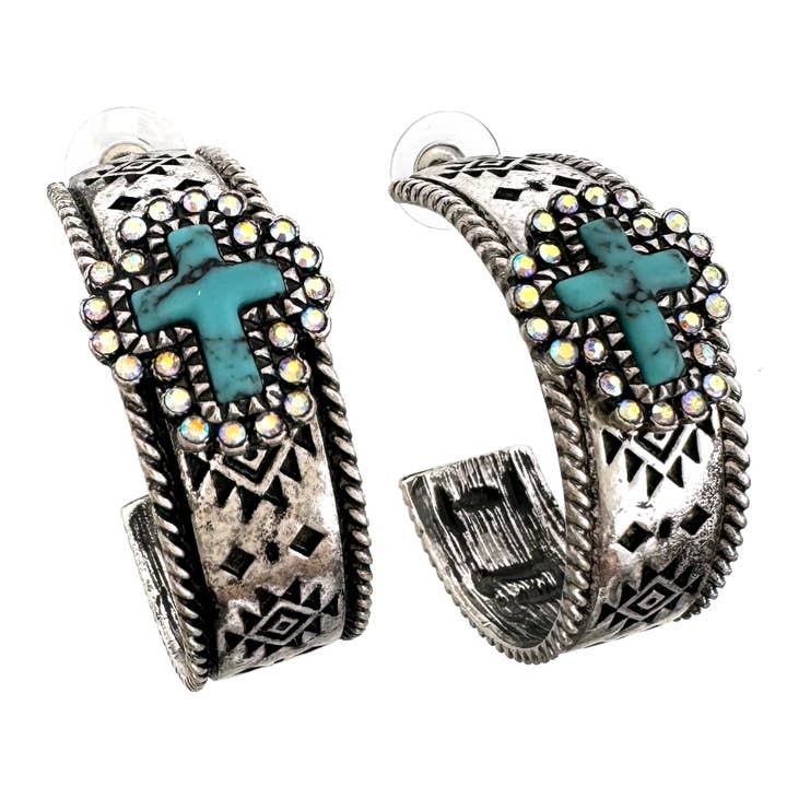 Créoles Turquoise Cross AB avec strass et motif Navajo en forme de C pour la vente par Lunar Deer