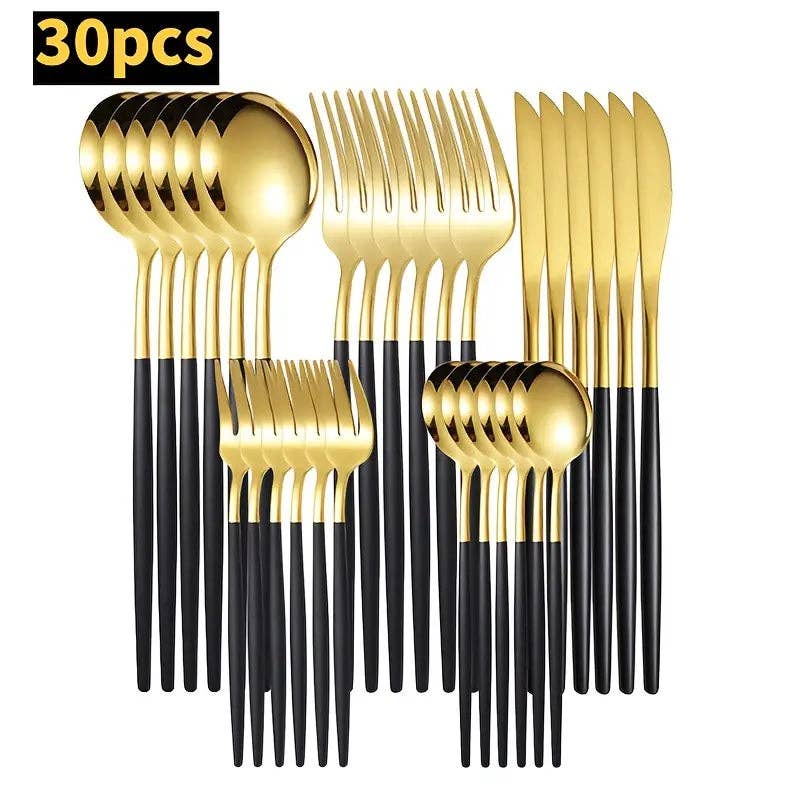 Huis Van Merken - Wholesale Assorted Cutlery Set - 30pcs Elegant Stainless Steel Portuguese Cutlery Set - Sleek Black Handles, Golden Finish1