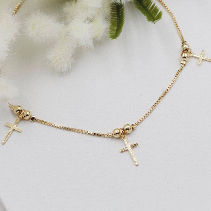 Cross and Golden Bead Charms Box Chain Anklet for wholesale by Cherie by Cherie