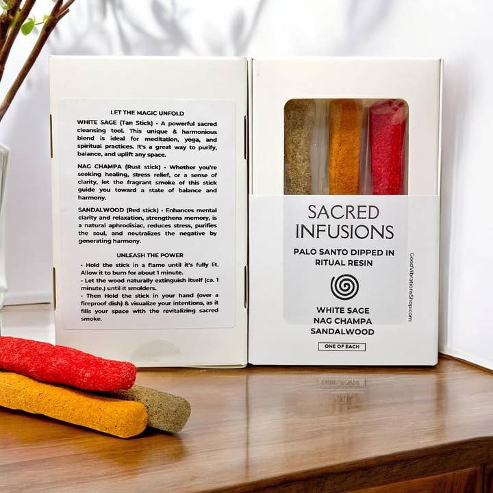 Good Vibrations Shop – Pacote de sálvia por atacado – Palo Santo Mergulhado⎮Sálvia Branca, Nag Champa & Sândalo