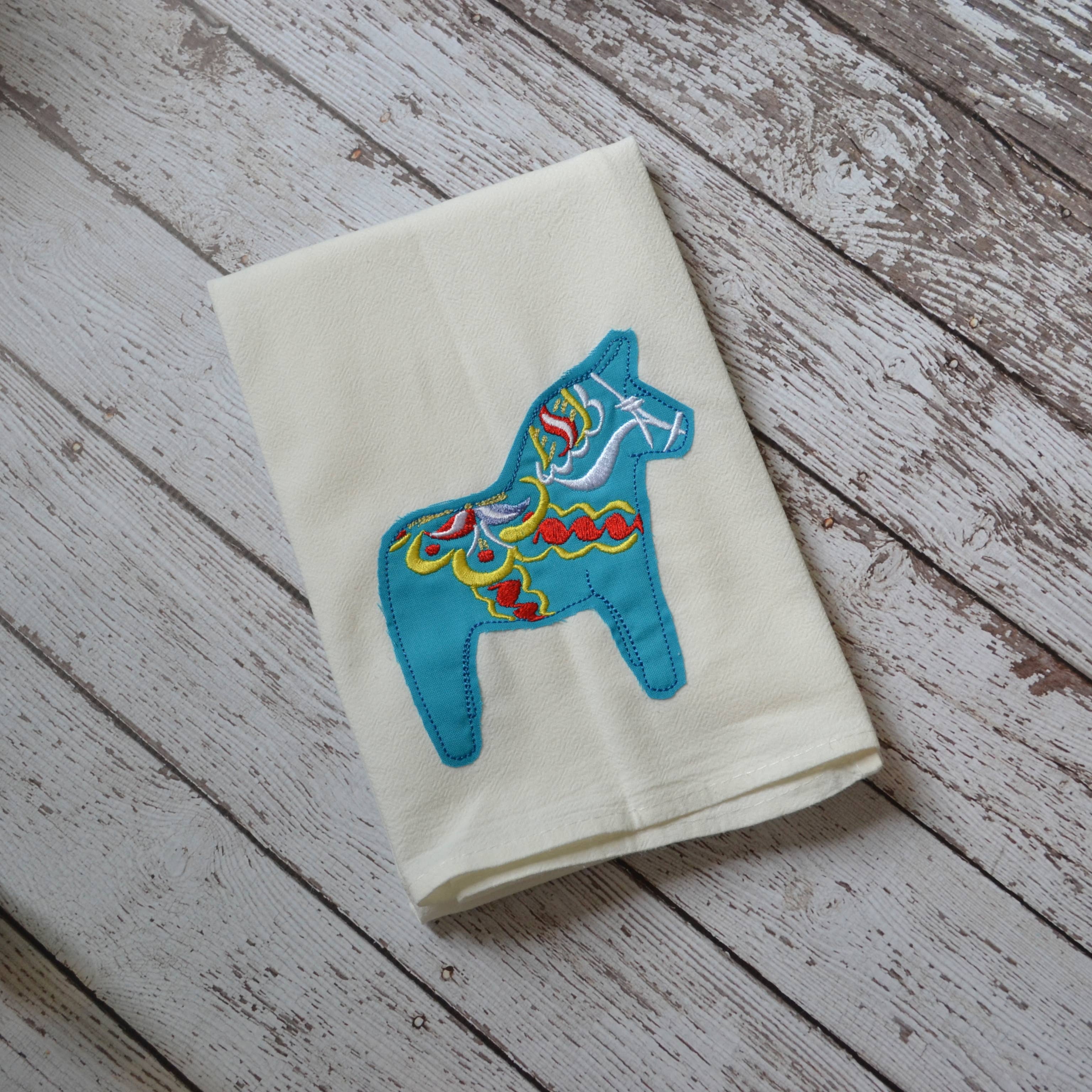 SewMuchMoreStore - Wholesale Tea Towel - Dala Horse Tea Towel, Embroidered Floursack Towel0