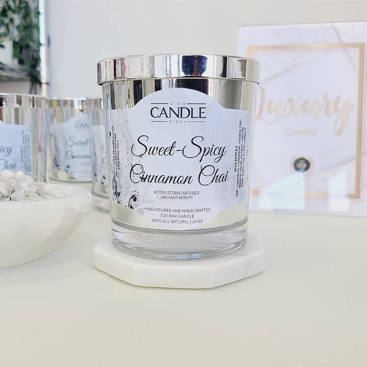 Luxury Crystal Candle, Infused with Natural Moonstones, Cinnamon and Chai Scented Candle for wholesale by One Candle Story