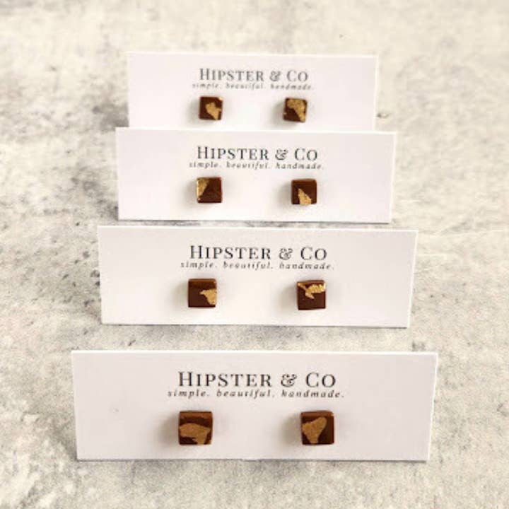 Caramel and Gold Square Stud Earrings for wholesale by Hipster & Co
