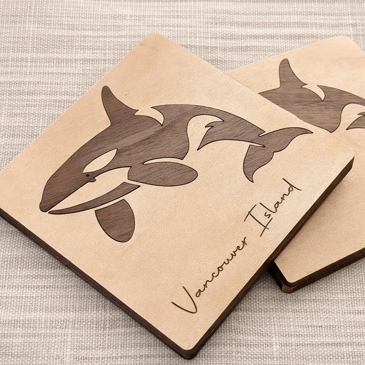 Orca Wood Inlay Coaster - Whale Souvenir Custom Name Drop for wholesale by Foxwood Gifts Canada