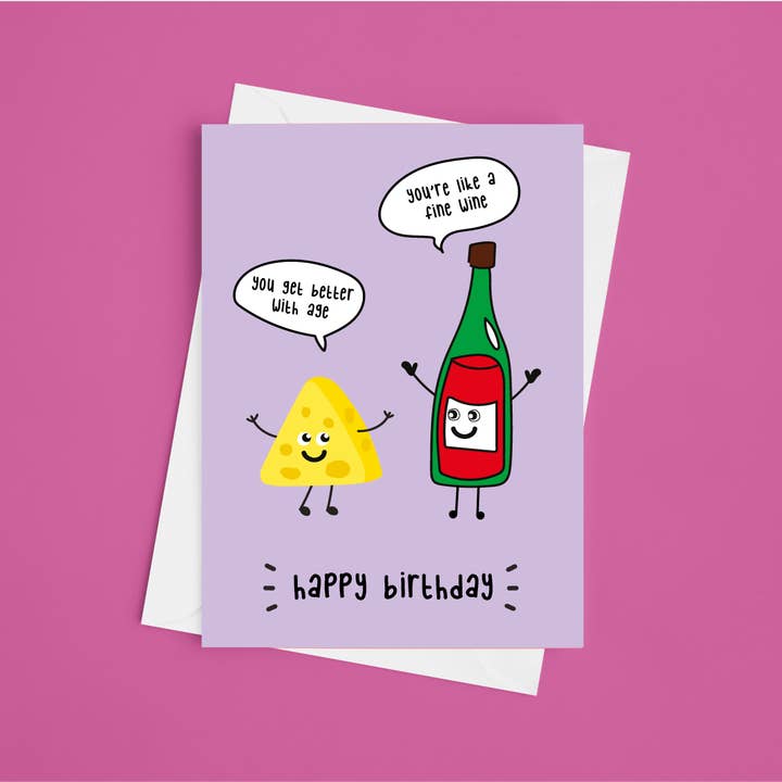 Cheese & Wine Happy Birthday - 5x7 Birthday Card for wholesale by Laura Lonsdale