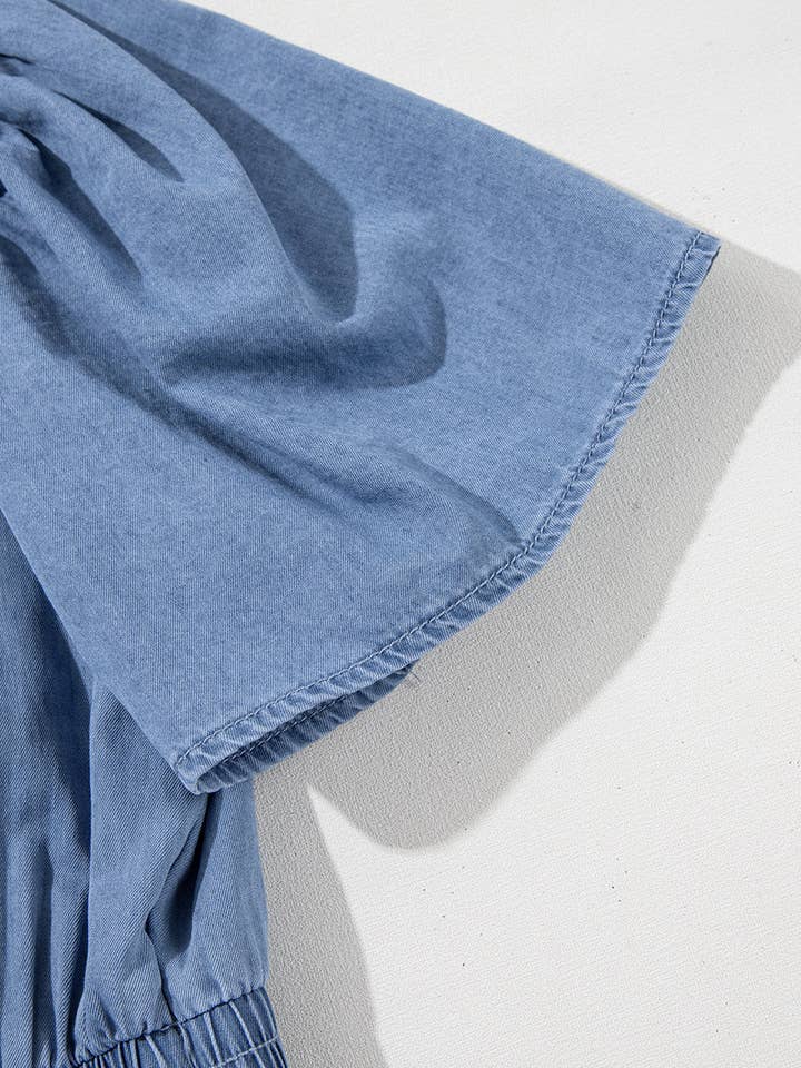 Ashleigh Blue Ruffled V Neck Smocked Denim Mini Dress for wholesale on Faire12