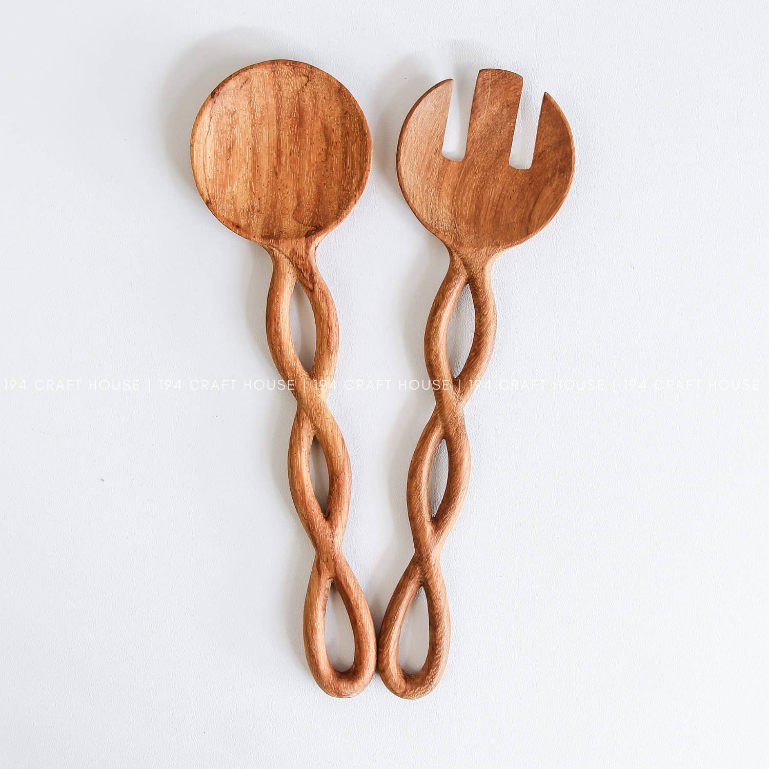 194 Craft House - Wholesale Serving Utensil - Twisted Handle Wooden Salad Servers - 9" - Spoon & Fork Set3
