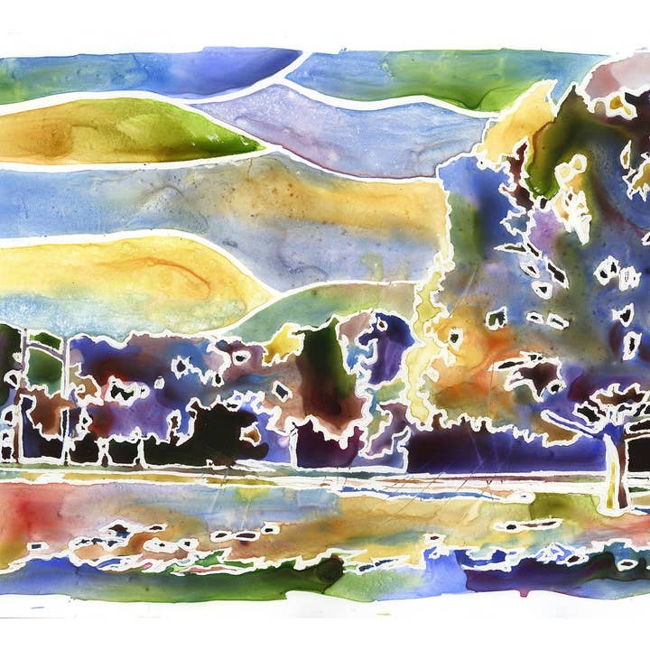 Aquarel van het landschap. Kleurrijke landschapsboom- en bosaquarelkunstwerk landschapsschilderkunst. Kunstlandschap in aquarel (print) voor wholesale door Ryan Fox Fine Art