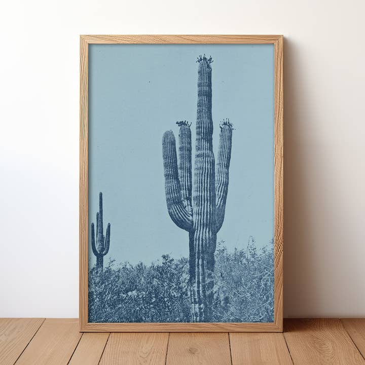 Vintage Monochromatic Desert Blue Saguaro Cactus Print for wholesale by Tejas Country Club