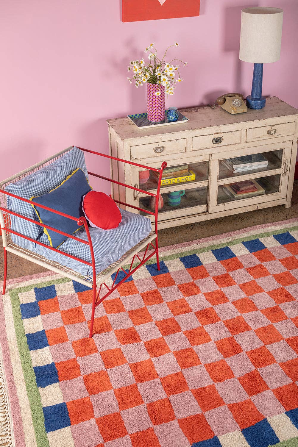 Ian Snow Ltd - Wholesale Area Rug - Lizzie Pink & Red Chequered Recycled Cotton Extra Large Rug2