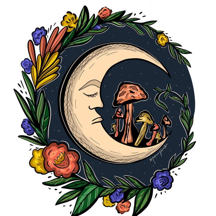 Sticker- Mushroom Moon for wholesale by Madison Vermilya Art