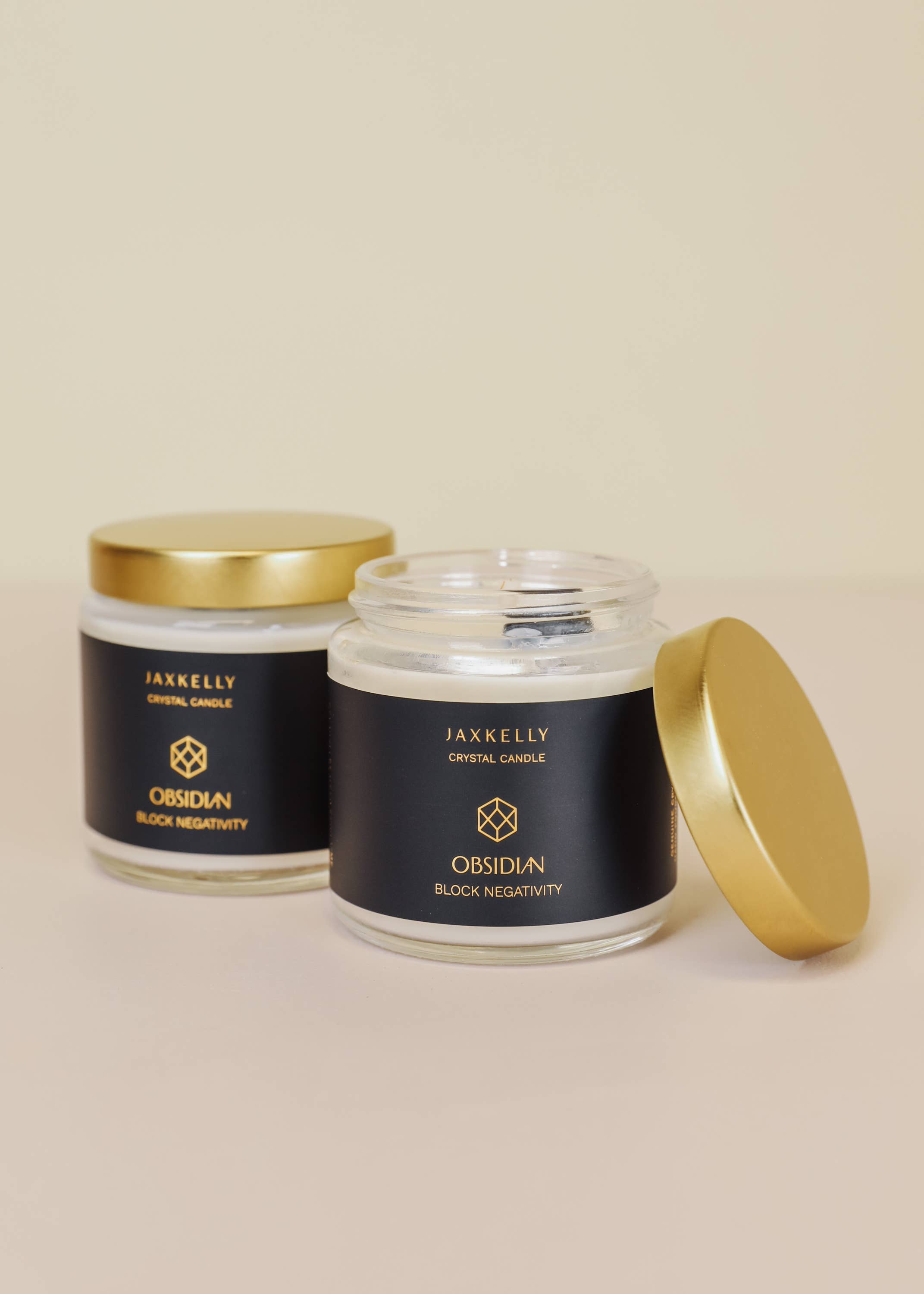 JaxKelly Candles - Wholesale Jar/Filled Candle - 4oz Clear Crystal Candles - Obsidian - Block Negativity0