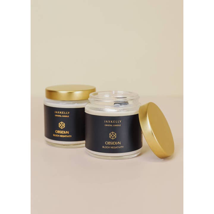 JaxKelly Candles - Wholesale Jar/Filled Candle - 4oz Clear Crystal Candles - Obsidian - Block Negativity