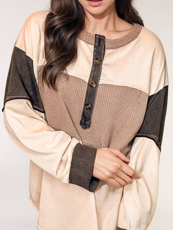 Color Block Waffled Patchwork Loose Henley Top for wholesale by LA Society