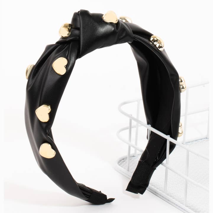 Collections by Fame Accessories - Wholesale Fashion Headband - Women's - Heart Studs Faux Leather Head Band