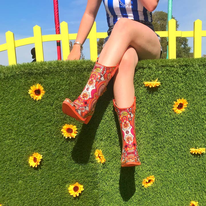 Talolo Boots - Wholesale Cowboy Boots - Women's - Aztec Funk - Bright Orange Cowboy style welly boots2