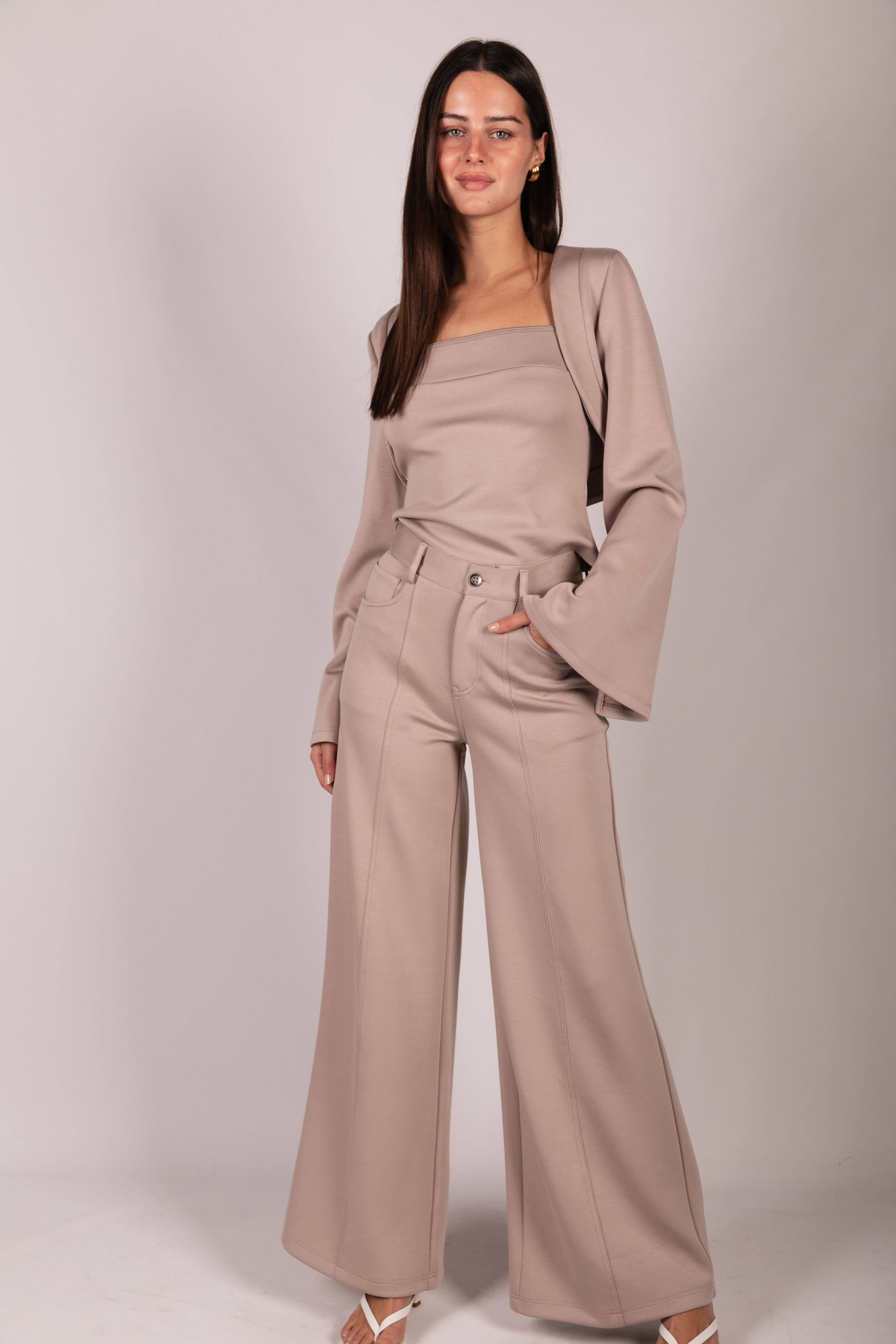 Taupe P. CILL Butter Modal Pleated Wide Leg Trousers for wholesale on Faire14