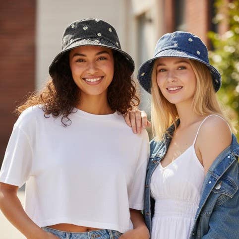 Flower Embroidered Washed Denim Bucket Hat for wholesale by Hatzzi