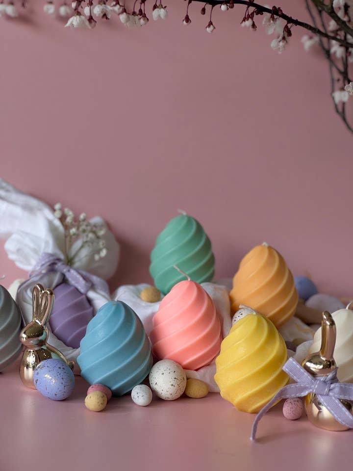 Spiral Easter egg candles | Vegan Handmade Soy Wax for wholesale by Maison Bohiti