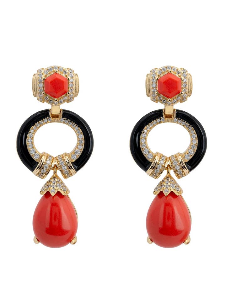 Clara Bow Coral & Enamel Drop Earrings Gold for wholesale by Latelita