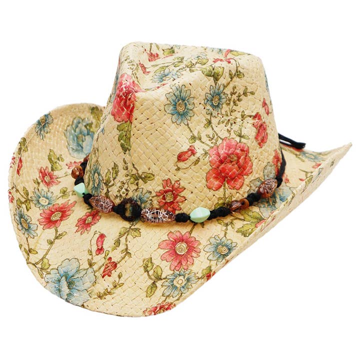 Cap Zone - Wholesale Cowboy Hat - Women's - Floral Print Raffia Paper Straw Cowboy Hat15