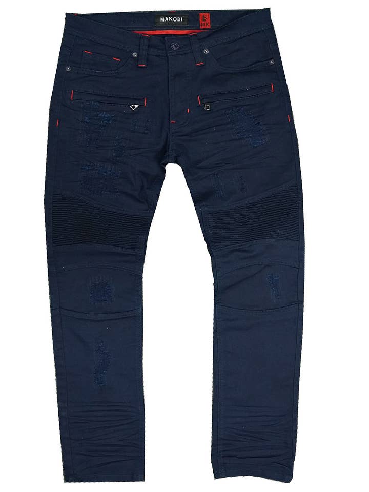 M1786 Makobi Rip & Repair Biker Jeans-Navy por atacado de Makobi