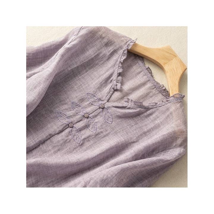 KK Bloom - Wholesale Blouse - Women's - Relaxed Fit Linen Cotton Artistic Embroidered T-Shirt2