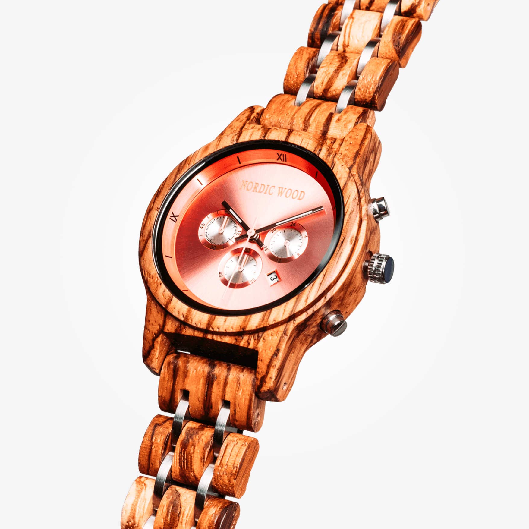 Nordic Wood - Vendita all'ingrosso Orologio da polso - Donna - The Edge - Orologio in legno di Zebrano con quadrante rosa e cronografi5