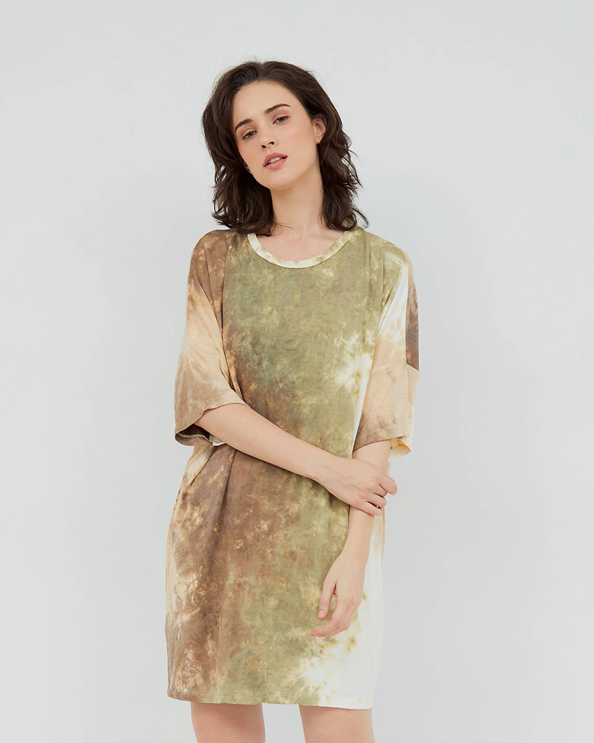Mahisi - Wholesale Dress - Women's - T-Shirt Tie Dye Dress - Tan and Green Mixed2