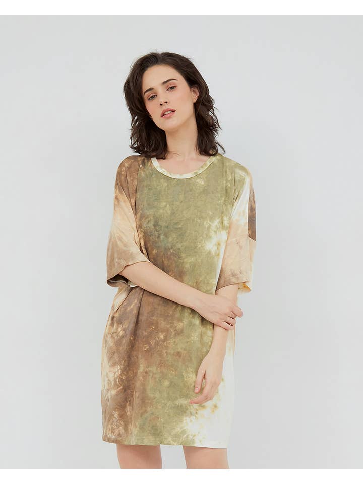 Mahisi - Wholesale Dress - Women's - T-Shirt Tie Dye Dress - Tan and Green Mixed2