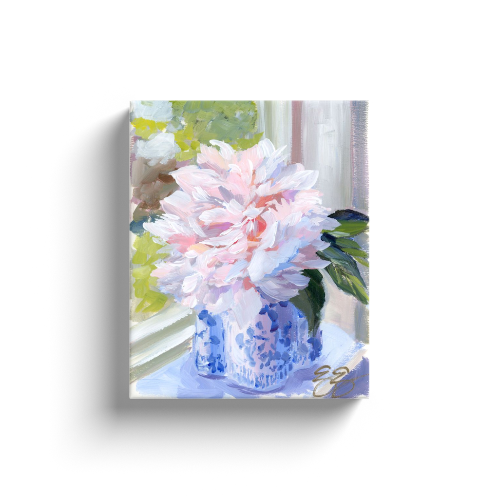 Elizabeth Alice Studio - Wholesale Art Print - No. 396 Sarah Bernhardt peony in blue and white vase, a canvas wrap print2