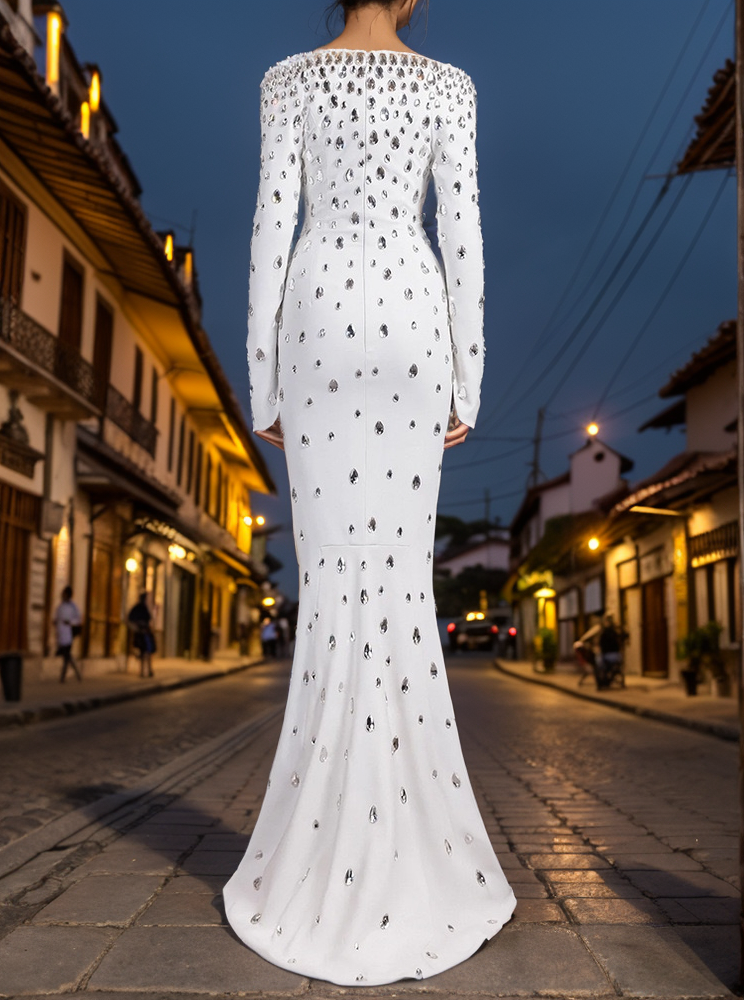 White DR514Y Hand-Beaded Teardrop Diamond  Long Dress for wholesale on Faire1