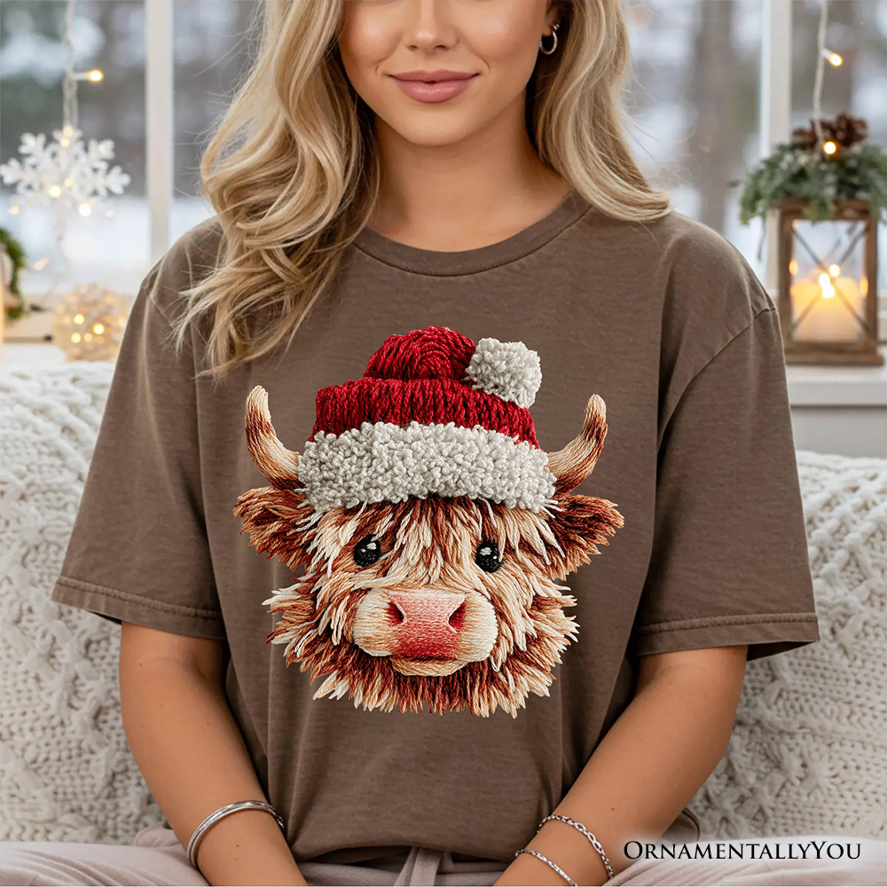 OrnamentallyYou - Wholesale T-Shirt (Graphic) - Women's - Highland Cow Santa Hat Christmas T-Shirt ,Cozy Tee7