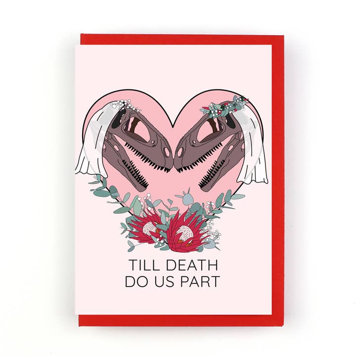 Till Death Do Us Part Dinosaur Greeting Card Bride and Bride for wholesale by Dinosaurs Doing Stuff