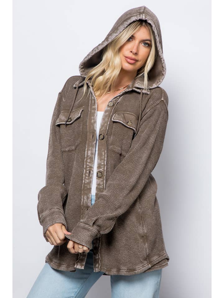 26 International - Wholesale Shirt Jacket/Shacket - Women's - Garment Dye Heavy Waffle Knit Hoodie Shacket0
