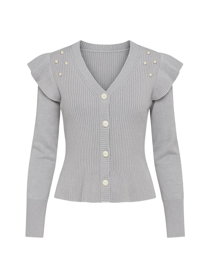 Ivory Pearl Embellished Cardigan With Ruffles for wholesale by RIVIR