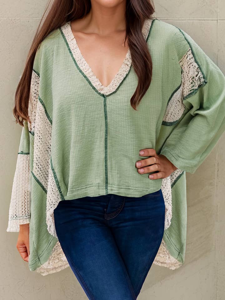 Exposed Seam V Neck High Low Loose Long Sleeve Top (S-XL) for wholesale by 66DISCO