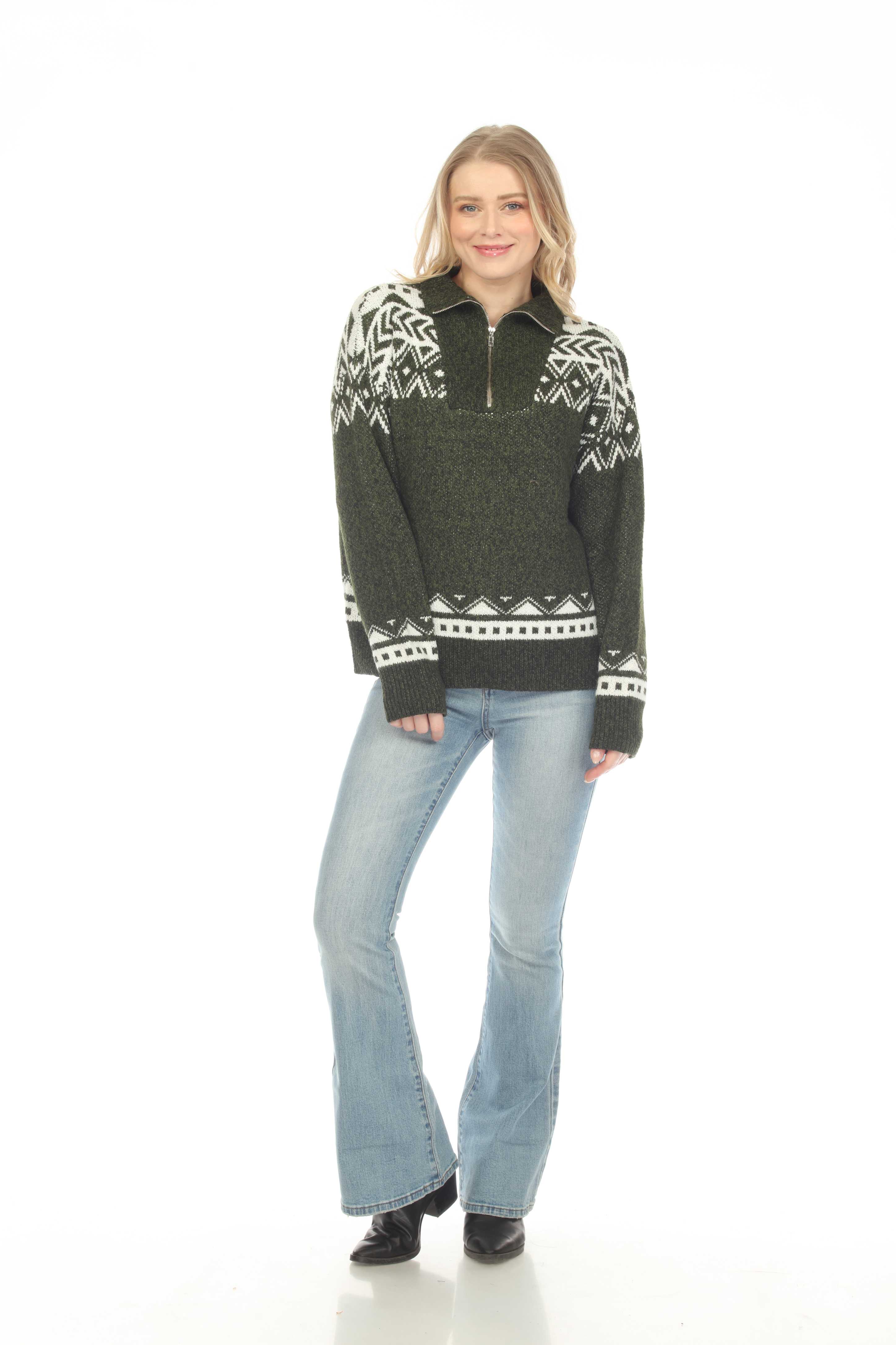 Kamana - Wholesale Knit Sweater - Women's - Women's Snowflake Atzec Army Green Zip Pullover Sweater Top0