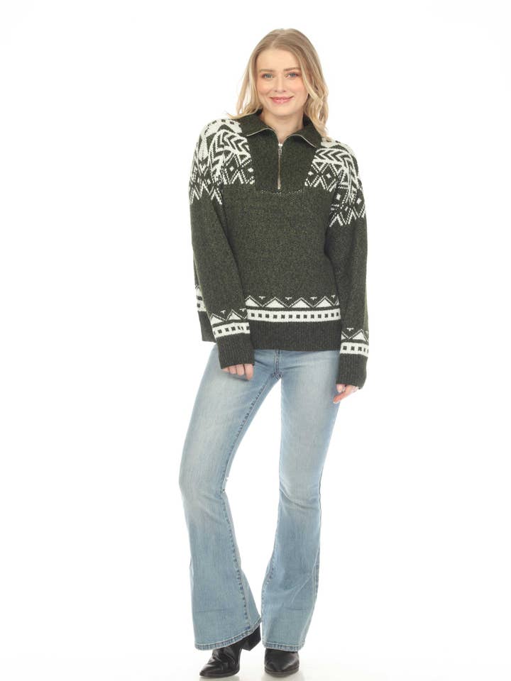 Women's Snowflake Atzec Army Green Zip Pullover Sweater Top for wholesale by Kamana