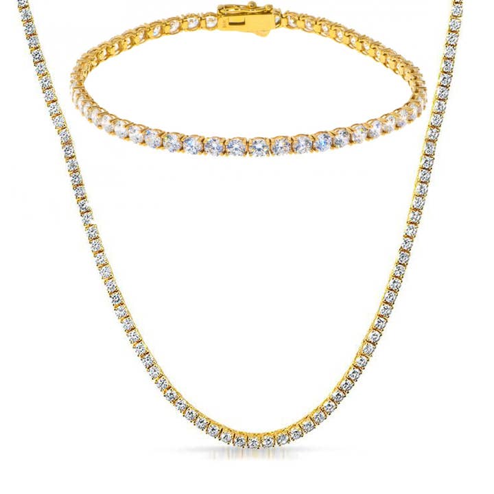 18K Gold Tennis Necklace & Bracelet Set with Crystals for wholesale by Golden NYC Jewelry