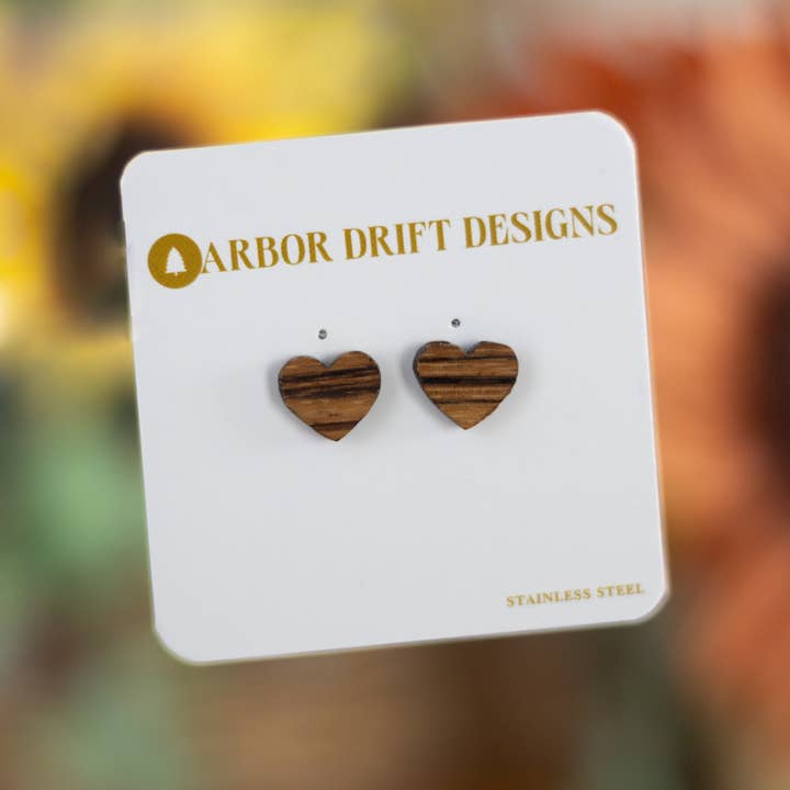 Arbor Drift Designs - Wholesale Stud/Post Earrings - Heart Zebrawood Stud Earring